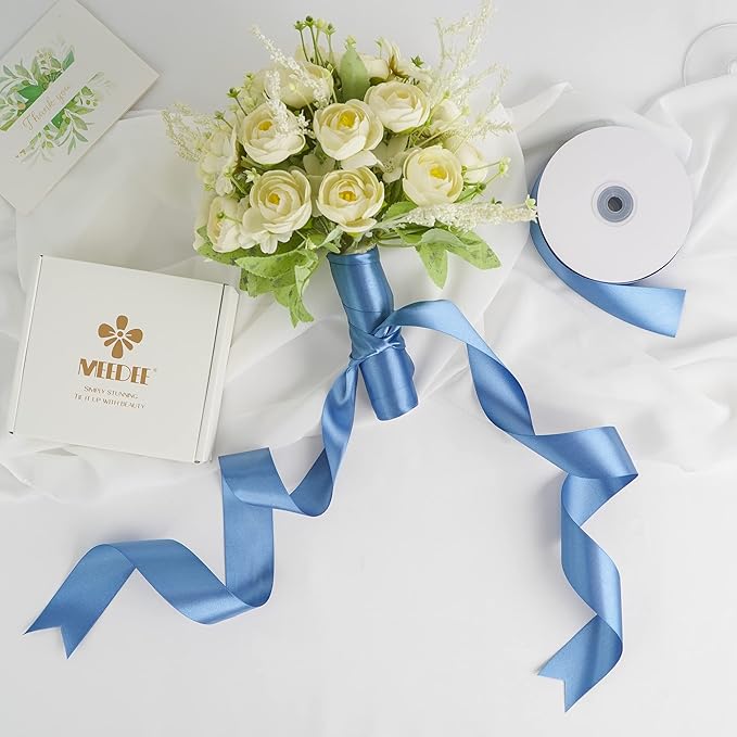 MEEDEE Smoke Blue Satin Ribbon 1-1/2 Inch Dusty Blue Ribbon Lux Double Faced Satin Ribbons by 50 Yards Polyester Satin Ribbons for Crafts, Weddings, Flower Bouquet, Holiday Decorating