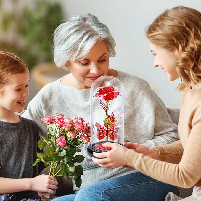 Pusuny Christmas Rose Gifts for Women Birthday Gift Galaxy Glass Rose Forever Eternal Crystal Flower Light Up Roses in Glass Dome with Butterfly Xmas Gifts for Women Mom Grandma Wife Her Sister Red