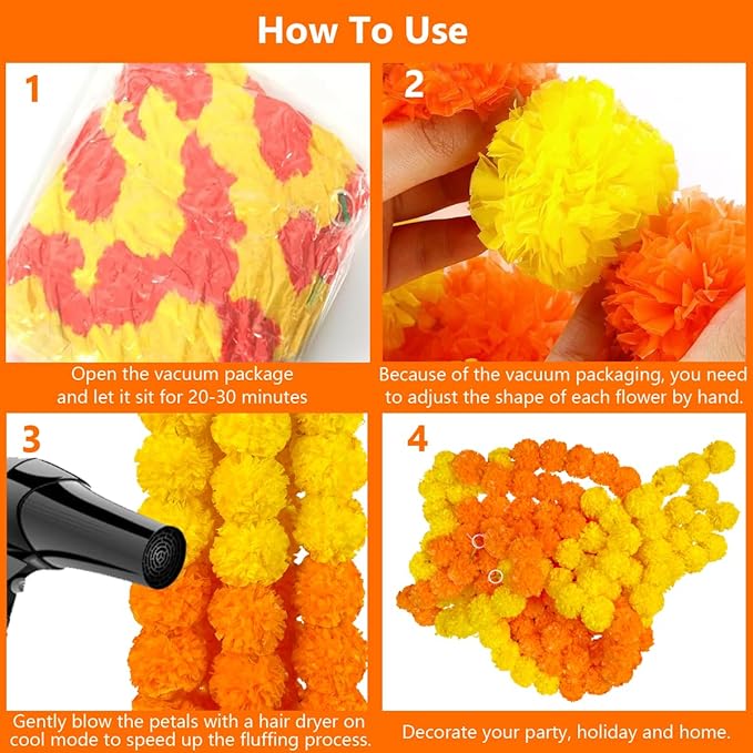 5pcs Marigold Garland for Decoration, 5 Feet Artificial Marigold Flowers Diwali Decorations for Home, Yellow and Orange Artificial Marigold Heads for Diwali Party, Indian Weddings, Halloween, Wreath
