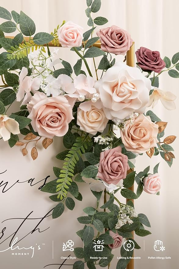 Ling's Moment Wedding Artificial Welcome Sign Flowers Swag Arch Floral Garland Decorations Dusty Rose Cream Ceremony Reception Entrance Entryway Party Banquets Easel Wall Home Outdoor(NOT Include Sign