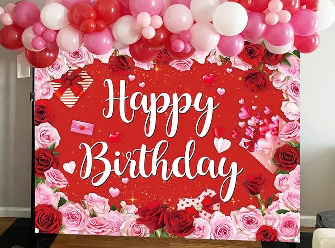 Rose Happy Birthday Backdrop for Women Red Pink Floral Birthday Photography Background Girl Flower Party Decorations Banner Booth Props (7x5FT(82 x 59 inch))