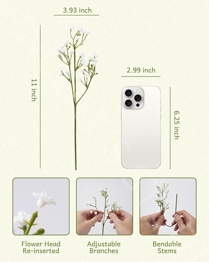 24Pcs Babys Breath Artificial Flowers Bulk, 11inch Fake Baby Breath Flowers White Faux Gypsophila Real Touch Flowers for Outdoors Wedding DIY Bouquet Arrangement Party Home Table Decor