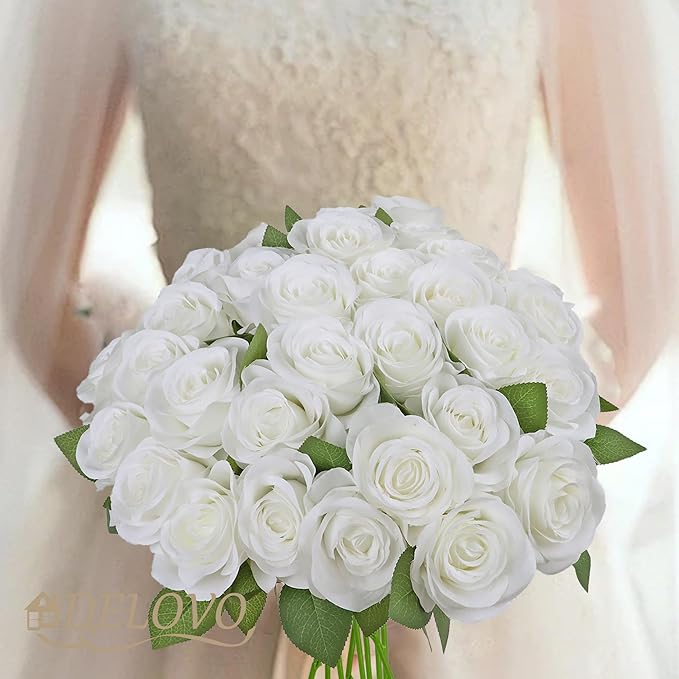 52pcs White Roses Artificial Flowers Ivory Fake Flowers Silk Roses with Stems for DIY Wedding Bouquets Bridal Shower Centerpieces Arrangements Party Decorations