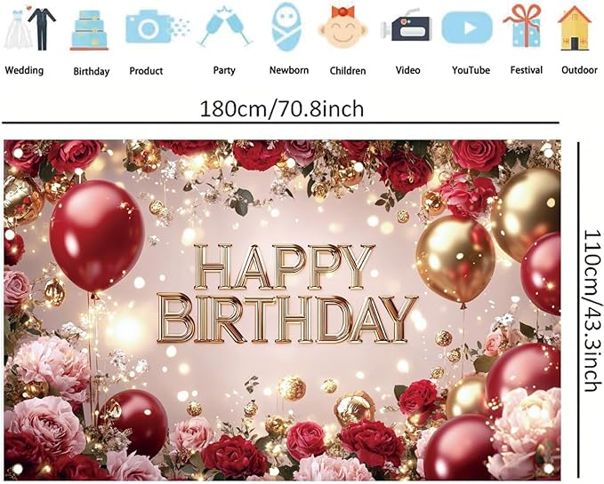 Red and Gold Happy Birthday Backdrop Banner Elegant Roses Balloons Photography Background Birthday Party Decorations Photo Booth Props Supplies 71x43 Inch