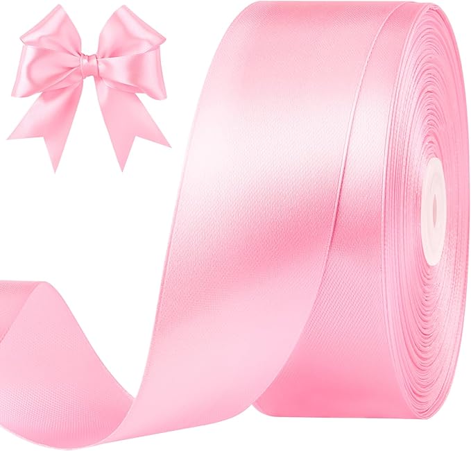 1-1/2 Inches 100 Yards Pink Satin Ribbon, Solid Fabric Ribbon Roll for Flower Bouquets, Gift Wrapping, Wedding, Handmade Crafts