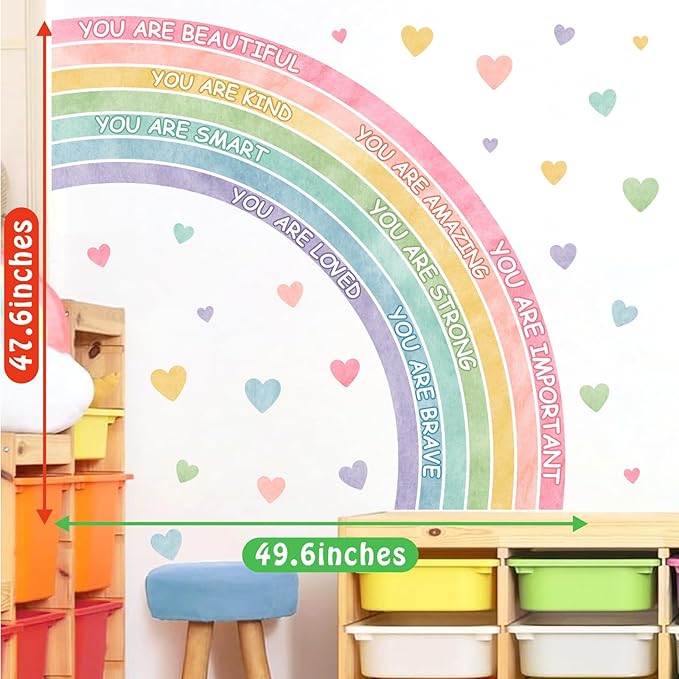 Large Rainbow Wall Sticker Watercolors Inspirational Wall Decal Baby Girls Bedroom Walls Decor Half Rainbow Decals Peel and Stick Pastel Pink Vinyl Art Mural Sticker for Toddler Playroom Kids Nursery