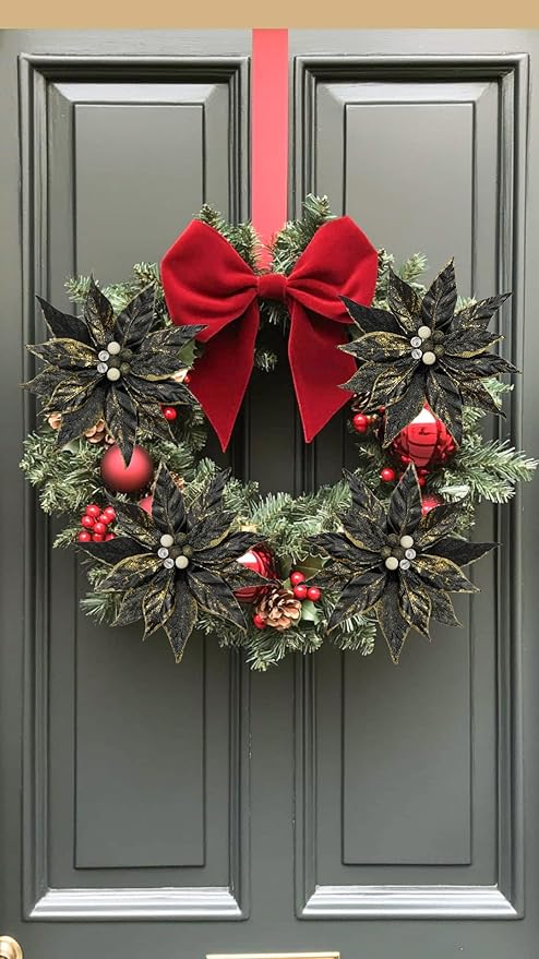 DILATATA 3 Pcs Artificial Christmas Flowers 13 Inch Glitter Poinsettia Picks Christmas Tree Ornaments Topper Decorations Black Poinsettias Flowers for Xmas New Year Wreath Garland Wedding Home Decor