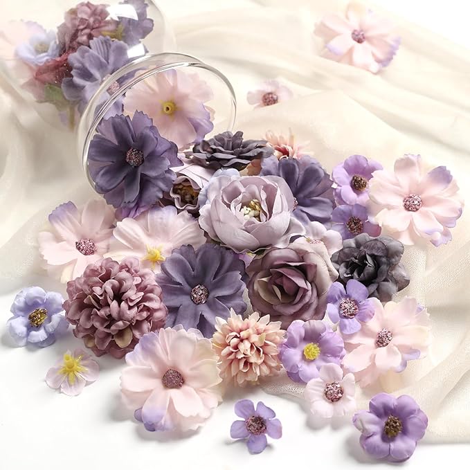 Faux Flower Heads Small Silk Artificial Flower DIY Fake Mini Flowers Rose Daisy Multicolor Flowers Craft Supplies for Wedding Party Wreath Graduation Season Party Home Decor (45, Purple)