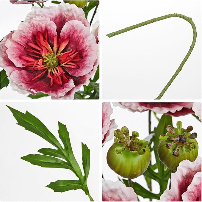 Hollyone 5Pcs Red Poppy Flowers Artificial Bouquet 32.2" Silk Fake Poppy Flowers Arrangement Real Touch Faux Poppies Flower Long Stem for DIY Wedding Party Table Centerpiece Table Home Decor