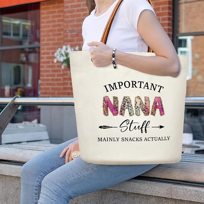 Canvas Tote Bag for Women, Important Stuff Bag with Leather Handle, Reusable Grocery Bags for Shopping Beach Travel