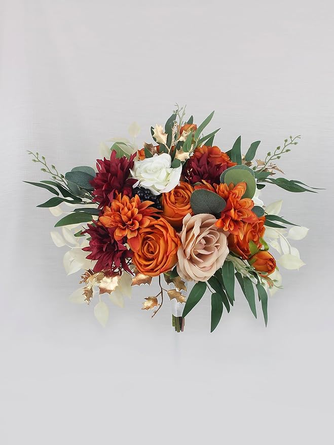 Rinlong 12.5 Inch Fall Wedding Bouquets for Bride Burnt Orange Bridal Bouquet for Wedding Artificial Terracotta Bouquets Boho Silk Flowers for Wedding Ceremony