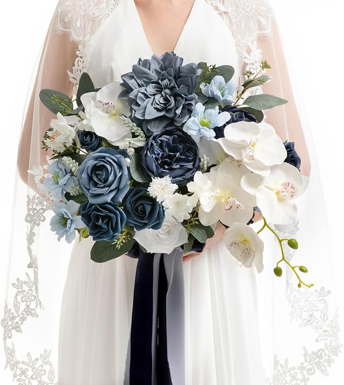 Ling's moment Navy Blue Bridal Bouquet, 13 Inch Wedding Bouquets for Bride, Silk Free Form Bridal Bouquets for Wedding, Ceremony, Anniversary, etc.