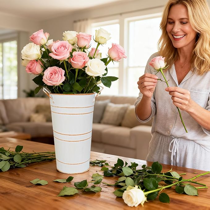10" Tall Flower Buckets Metal Vase - Pack of 10 Rustic Farmhouse Centerpiece Vases for Table with Handles, Wedding Home Table Decor, Farmhouse White Flower Bar Bucket Holder
