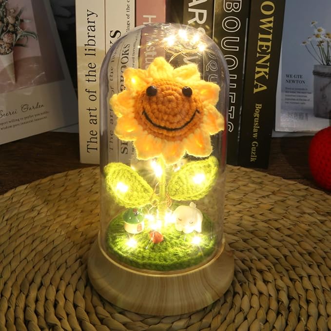 Eternal Sunflower Gifts for Women, Crochet Artificial Sun Flower Decor in Plastic Dome with Led, for Her Mom Mothers Day Birthday Anniversary Christmas Valentine Gifts (Yellow)