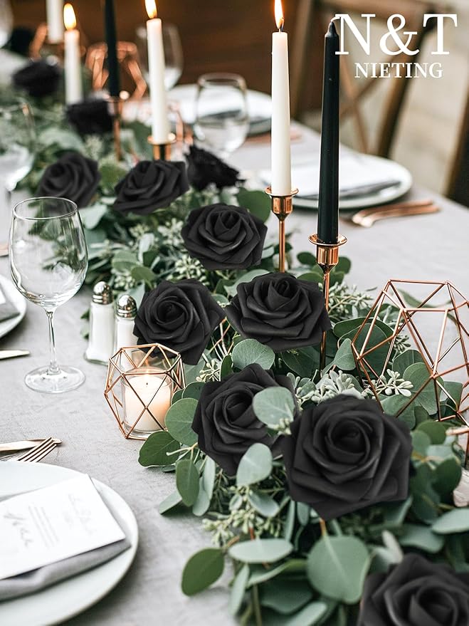 N&T NIETING Artificial Flowers Black Rose 25pcs Real Touch Flowers Perfect for for DIY Bouquets Wedding Party Baby Shower Home Halloween Decoration