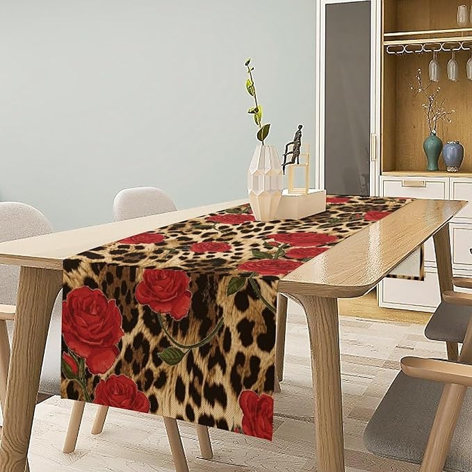 Red Rose Leopard Print Table Runner, Romantic Vintage Rose Flower Spring Summer Dinner Runner Table Decoration for Home Kitchen Dining Holiday Wedding Party 13x36in