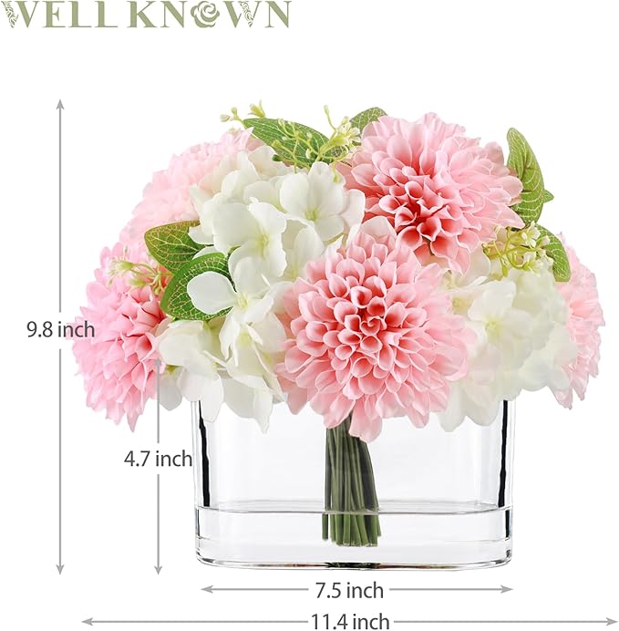 WELL KNOWN Artificial Hydrangea Dahlia Flowers in Vase, Faux Silk Flowers Arrangement with Big Glass Vase for Home Wedding Party Dining Table Centerpiece Home Office Decor & Women Mom's Gift (Pink)