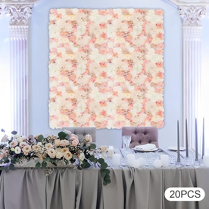 20 PCS Flower Wall Panels, 3D Rose Hydrangea Floral Wall Background Silk Flowers Panel Decoration, 23.6x15.7inch Artificial Flower Backdrop for Wedding, Party, Anniversary