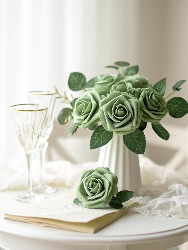 InnoGear Artificial Flowers, 50 Pcs Elf Green Rose Foam Fake Roses Bulk with Stems for Spring Decoration DIY Wedding Bouquets Centerpieces Bridal Shower Party Christmas Tree