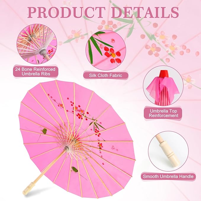 33" Pink Flower Cloth Decoration Handmade Parasol Umbrella Chinese Japanese Asian DIY Art Dance Classical Umbrella for Wedding Parties Photography Costumes Cosplay (Pink)