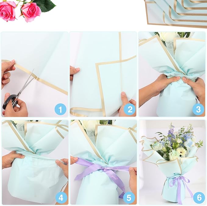 YIDATIKER 20 sheet Flower Wrapping Paper,waterproof floral wrapping paper for bouquets,DIY Florist Supplies Packaging Paper with satin ribbon for Wedding,Birthday,Valentine's Day(Light Blue)