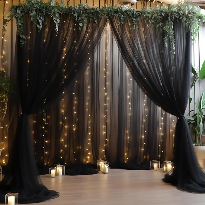 30ft x 10ft Black Backdrop Curtain with Lights String for Parties, Sheer Tulle Wedding Photo Backdrops Drapes for Baby Shower Birthday Party Decorations Background for Photography