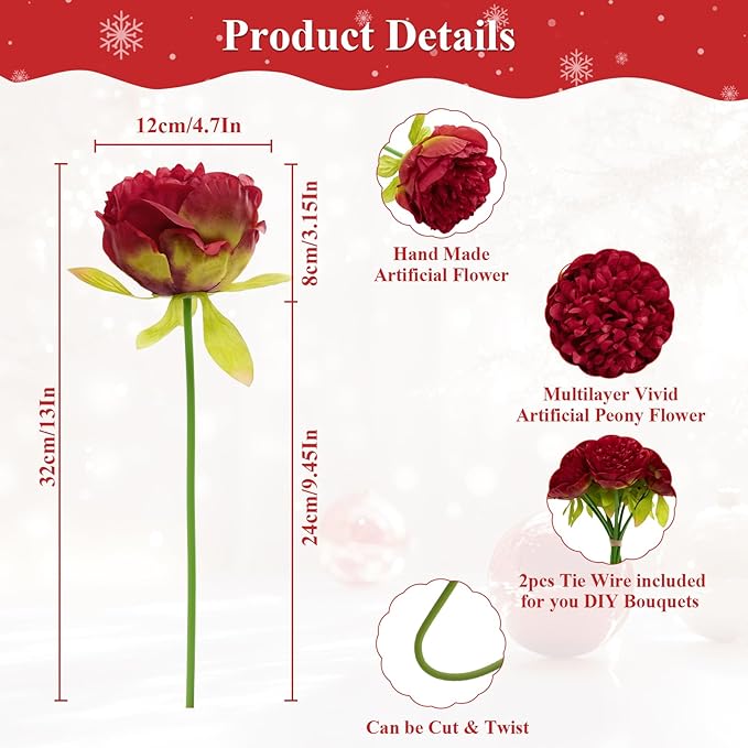 U'Artlines 20 Heads Artificial Peony Silk Flower Leaf for Christmas Holiday New Year Home Office Wedding Party Festival Bar Decor (Red)