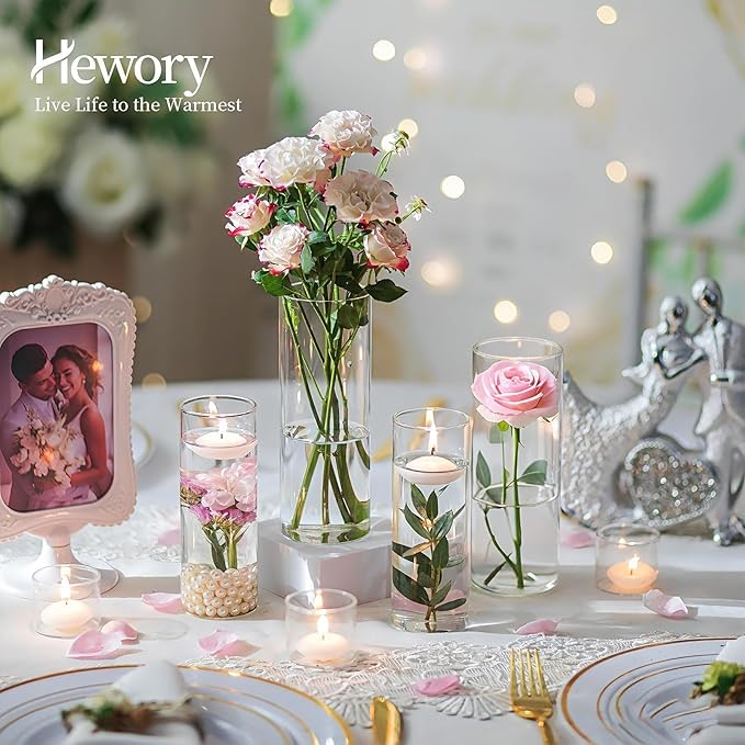 Hewory Glass Cylinder Vases for Centerpieces: Set of 12 Clear Skinny Hurricane Vases for Wedding Baby Shower Table Birthday Party Decorations - Tall Candle Holders for Floating Candle Flower Bouquet