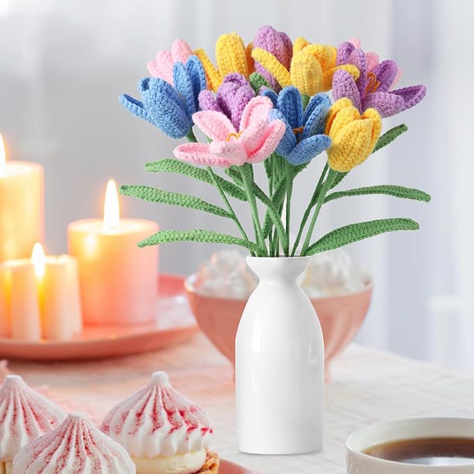 YoungJoy Crochet Rose 12 Pcs Handmade Knitted Flowers Tulip Sunflower Daisy Heart Artificial Knitted Floral Mother Day Graduation Home Decor(Tulip B)