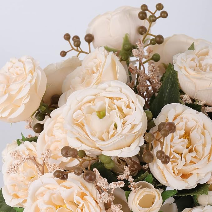 Artificial Peonies Silk Flowers, Beige Faux Peony Bouquet 4 Bundles Florals Arrangements Decor for Farmhouse Home Boho Wedding Table Centerpiece, Fake Plastic Flowers Bulk for Vase Decoration (Beige)