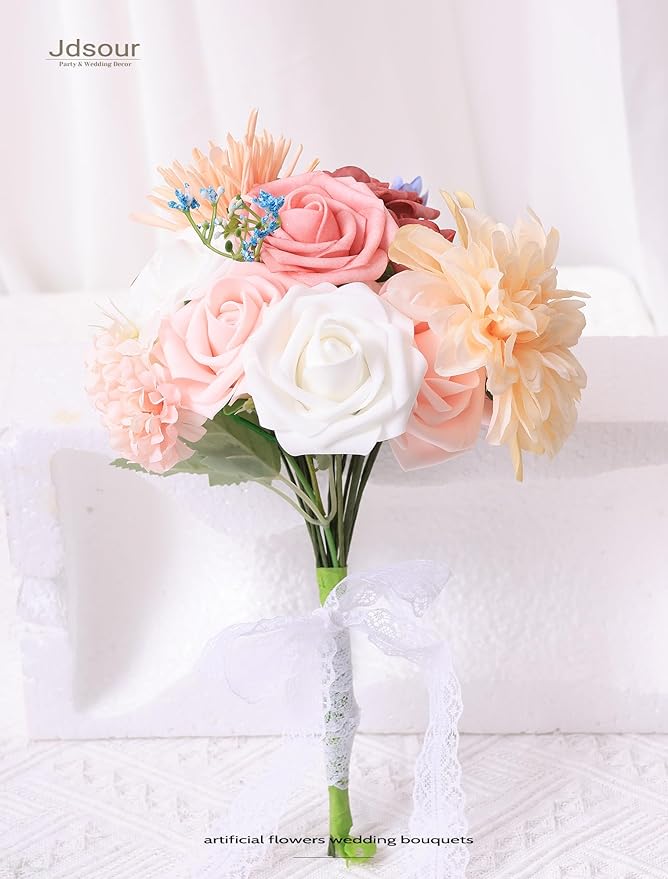 25pcs Artificial Flower，Real Looking Foam Roses w/Stem for DIY Wedding Bouquets Centerpieces Bridal Shower Party Decor-Shades of Dusty Pink