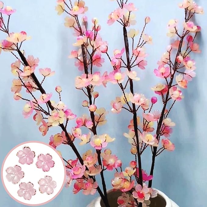 100PCS Cherry Blossom Acrylic Beads, Gold-Plated Flowers Beads for Jewelry Making, Pink Floral Spacer Bead for Keychains Earrings Bracelets Necklaces Lanyard DIY Handicrafts