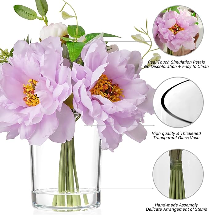 WELL KNOWN Silk Peony Artificial Flowers with Vase，Silk Fake Flower Bouquets in Vase with Fake Water Flower Arrangements for Table Centerpieces Home Office Hotel Wedding Party Decor & Gift (Purple)