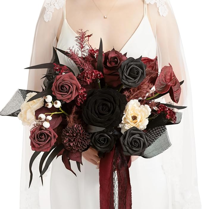 Ling's moment Black and Burgundy Wedding Bouquets for Bride, Gothic Bridal Bouquets for Bride, 13 Inch Free Form Artificial Wedding Flower Bouquet
