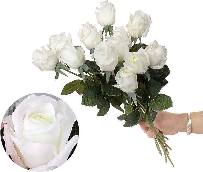 12pcs Half Opened Artificial Rose Buds,17 Inch Real Touch Silk Roses with Partially Opened Flowers, Artificial Flower for Home Décor Centerpiece Wedding Bouquet,White