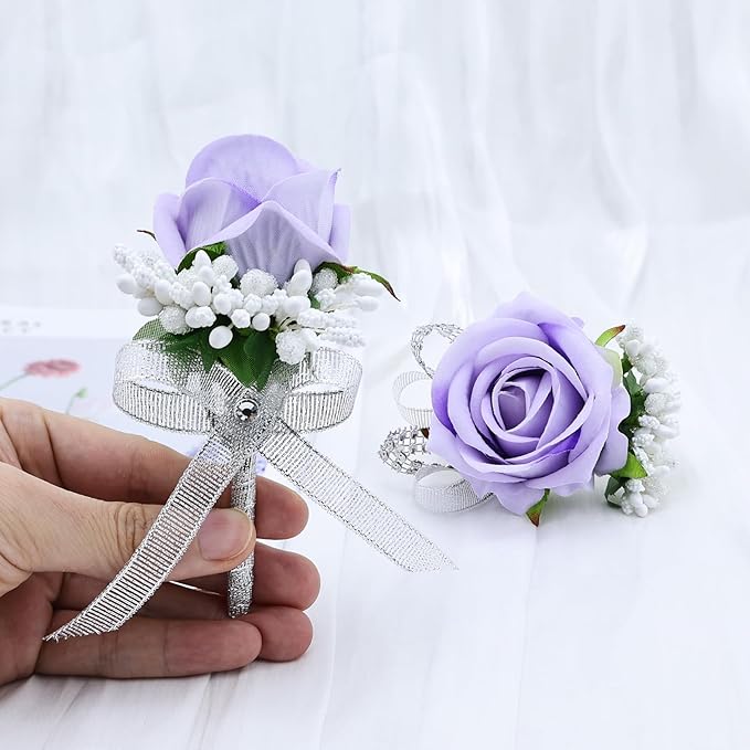 2Pcs Light Purple Rose Corsage and Boutonniere Set, Artificial Wrist Corsage Wristlet Bracelets, Men Boutonniere for Wedding Anniversary Party Homecoming Flowers Accessories Prom Decor