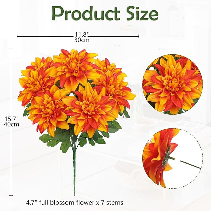 Hollyone Orange Artificial Dahlia Flowers Bush Fake Fall Flowers Artificial for Decoration Outdoor Indoor 7 Heads Silk Faux Dahlias Flower Bouquets Arrangements Centerpieces Fall Decorations for Home