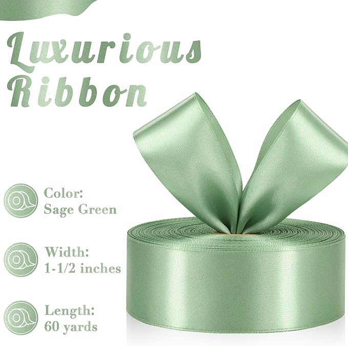 Sage Green Ribbon 1-1/2 Inch, 60 Yards Light Green Satin Ribbon for Gift Wrapping, Fabric Ribbon for Flower Bouquet Crafts Wedding Christmas Easter Halloween