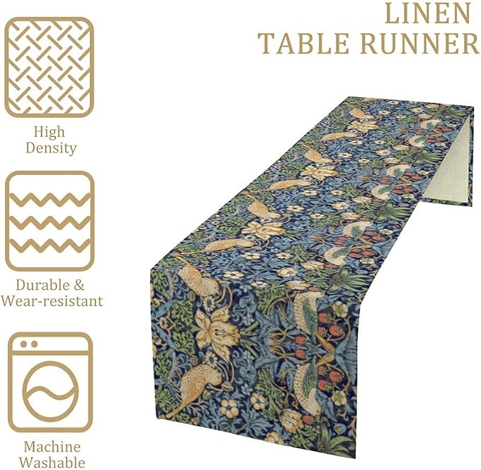 William Morris Floral Table Runner, Vintage Flowers Botanical Printed Table Runner for Home Kitchen Dining Table Decoration,13x70 Inch Strawberry Thief