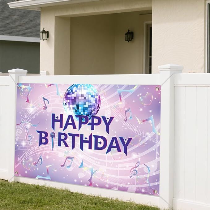 Pink Purple Birthday Backdrop, 1.5x1m/59.06x3.28ft Cartoon Happy Birthday Backdrop Dreamy & Funny Musical Themed Party Banner for Women Girl Celebration Decoration