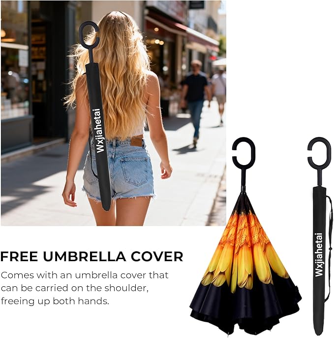 Inverted Umbrella, 49 Inch Double-Layer Vented Reverse Umbrella, Windproof Waterproof UV Protection, Lightweight C-Handle, Fiberglass Ribs, Steel Shaft, Travel/Commute/Car Use, With Sleeve