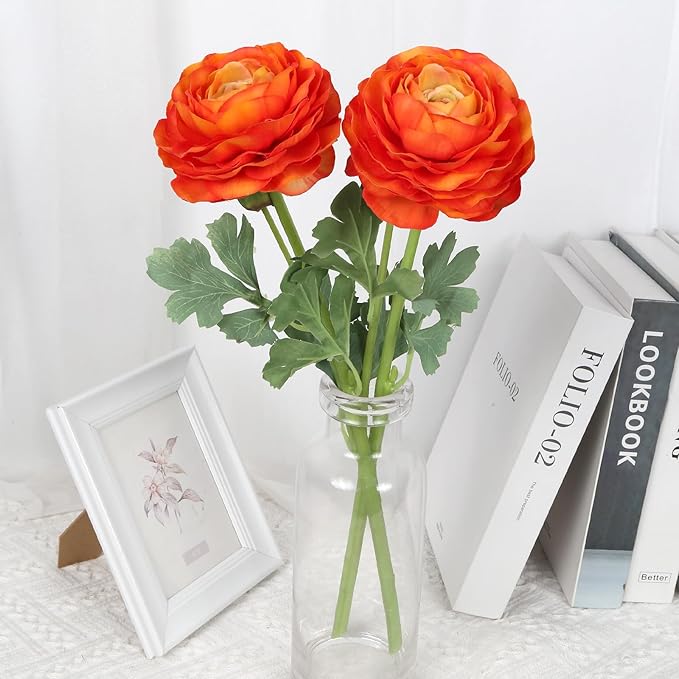 6PCS Orange Ranunculus Artificial Flowers Real Touch Peonies Silk Ranunculus Flowers with Stems for DIY Wedding Bouquet Party Table Home Decor(Orange)