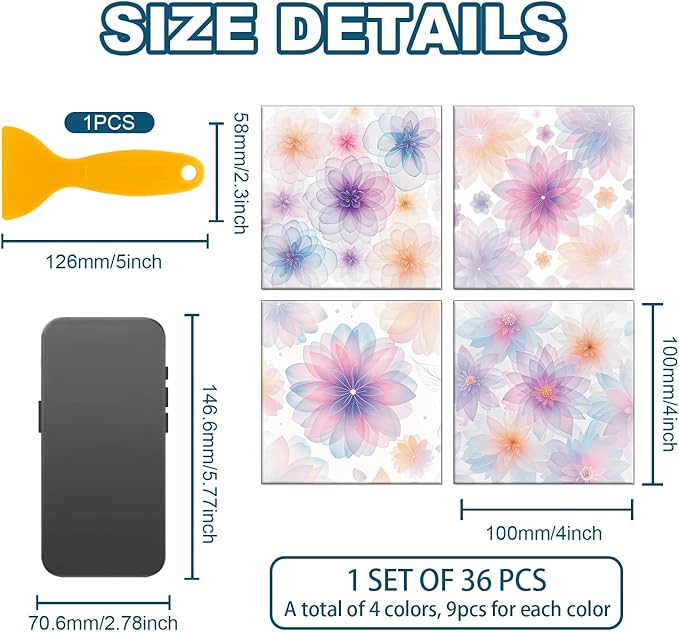 CHGCRAFT 36 Pcs 4 Style Wall Stickers Pastel Flowers Peel and Stick Wall Tile Sticker Crystal Dreamy Flower Waterproof Self Adhesive Stick on Tile Decals for Kitchen Bathroom Art Decor, 4×4 Inch