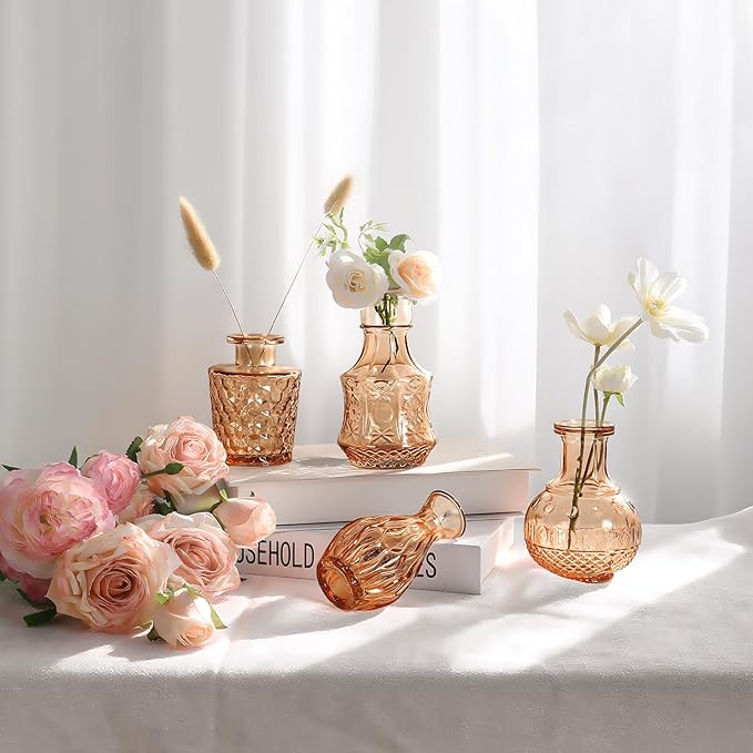 Amber Glass Vase Set of 12, Clear Bud Vases in Bulk, Mini Vases for Flowers, Small Flower Vases for Centerpieces, Vintage Decorative Embossed Vase for Home Decor, Wedding Table Decoration
