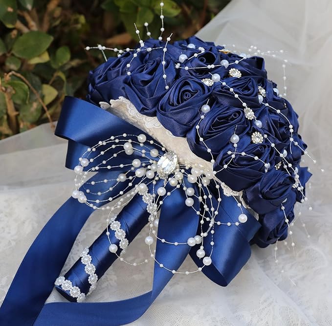 Bridal Wedding Bouquet Round Bling Brooch Bouquet Throw Toss Artificial Rose Flower Bunch for Bride Bridesmaid Wedding Quinceanera(Navy Blue, 9.8")