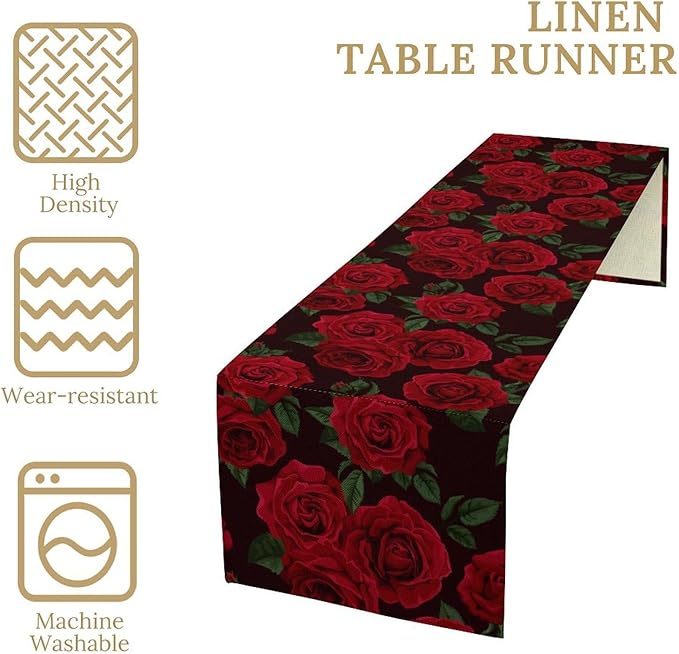 Red Rose Table Runner,Romantic Spring Summer Seasonal Table Runner for Indoor Outdoor Holiday Home Wedding Party 13x108 Inch