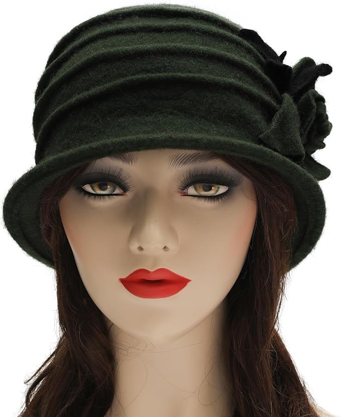 ZLYC Women Wool Cloche Bucket Hat 1920s Vintage Dress Winter Hats with Flower Accent