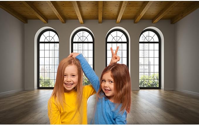 Empty Room Backdrop Concrete Walls Wooden Floor with Big Arched Windows Dance Photography Background Empty Loft Style with Brick Wall Photography Party Decorations Photo Studio Props 8x6ft