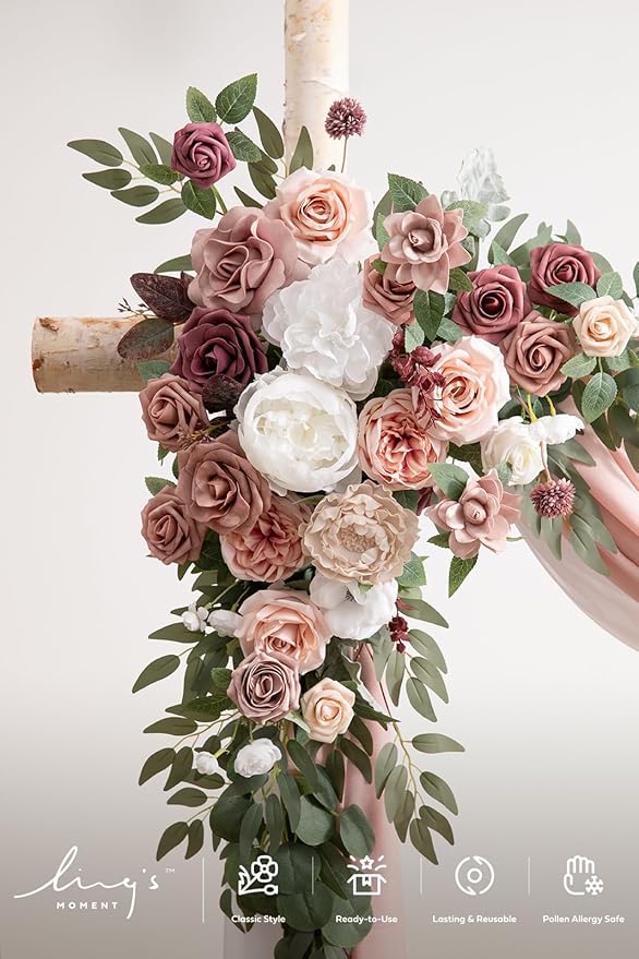 Ling's moment Pink Mauve Artificial Wedding Arch Flowers Kit Pack of 4, 2pcs Hanging Flower Arrangement 2pcs Chiffon Drapes Spring Ceremony Reception Fake Rose Arbor Backdrop Floral Outdoor Decor
