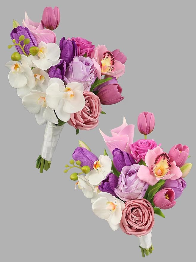 Rinlong 9.8 Inch Silk Posy Bouquet Wedding Bouquets for Bride Artificial Tulips Small Bridal Bouquet for Wedding Ceremony Dark Pink